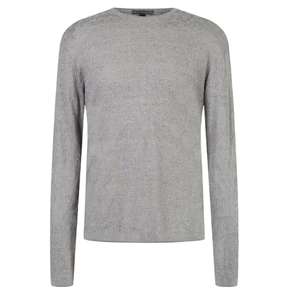 John Varvatos Distressed Jacquard Crewneck Sweater in grey heather ($298)